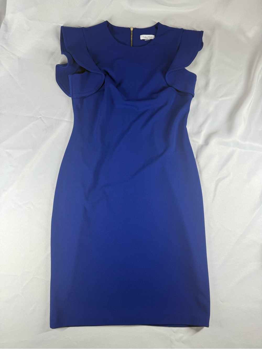 Calvin Klein Royal Blue Ruffle Sleeve Midi Sheath Dress - Picture 3 of 9